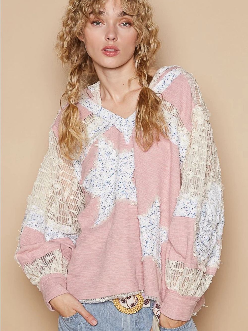 POL Star Patch Lace Sheer Whimsigoth Boho Long Sleeve Hooded Top Pink Small